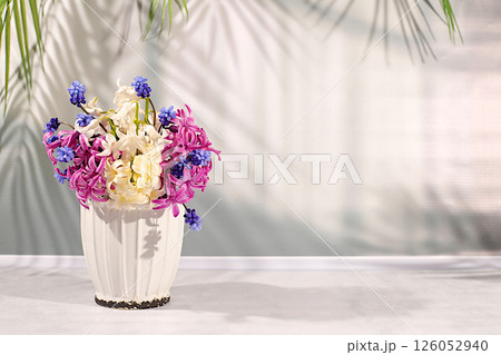 Beautiful still life of different varieties of hyacinths and muscari in a vase on an elegant kitchen background, template for design and screen. Abstract flower arrangement, banner. Spring postcard, 126052940