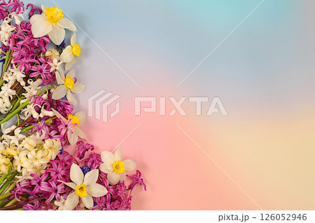 Abstract floral arrangement for screen and design template. Beautiful flyer with white hyacinths, daffodils and blue muscari on elegant bright background. Spring card, elegant natural beauty concept, 126052946