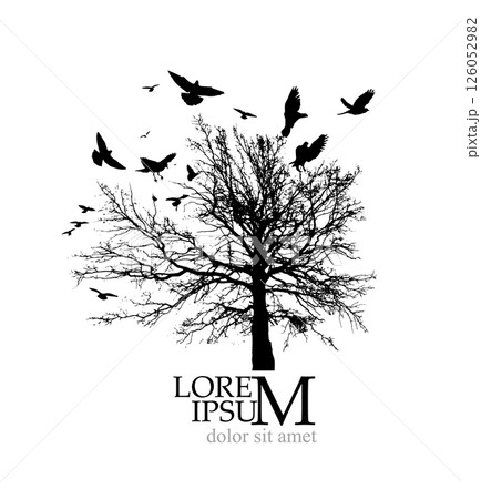 Nature. Silhouette of tree and birds. hand drawn. Not AI, Vector illustration Nature. Silhouette of tree and birds. hand drawn. Not AI, Vector illustration 126052982