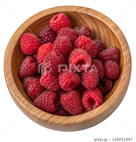 Bright red raspberries in a wooden bowl, fresh organic berries, sweet and tangy summer fruit 126052997