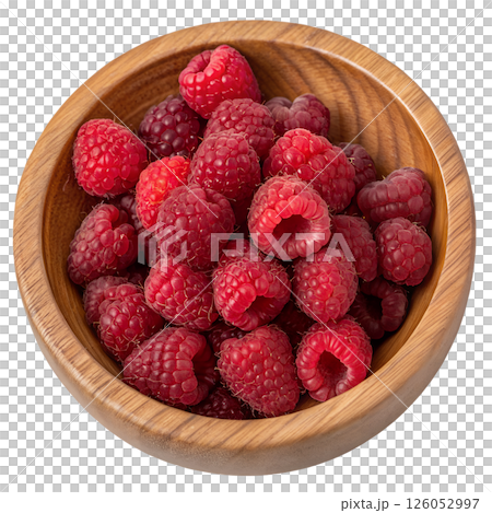 Bright red raspberries in a wooden bowl, fresh organic berries, sweet and tangy summer fruit 126052997