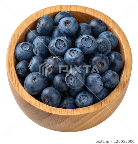 Fresh juicy blueberries in a rustic wooden bowl, healthy natural snack, vibrant summer fruits 126053000