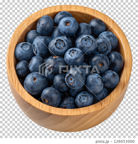 Fresh juicy blueberries in a rustic wooden bowl, healthy natural snack, vibrant summer fruits 126053000