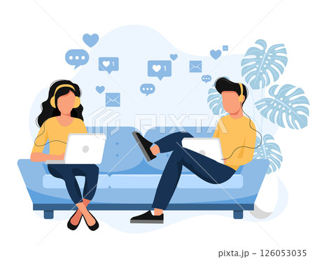 Social network. People using lap top for social networking. Chatting. Creative flat design for web banner, marketing material, business presentation, online advertising. Flat vector illustration	 126053035