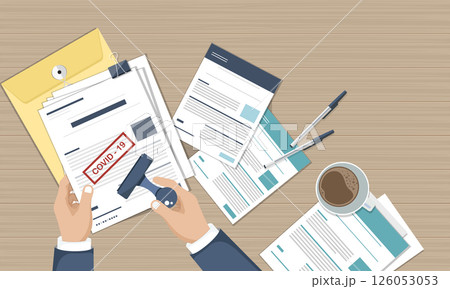 Red COVID-19 stamp on paper form. Document papers on wooden desk, top view. Flat vector illustration Red COVID-19 stamp on paper form. Document papers on wooden desk, top view. Flat vector illustration 126053053