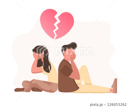 Man and a woman in a quarrel. Conflicts between husband and wife. Two characters sitting back to back, disagreement, relationship troubles. Concept of divorce, misunderstanding in family. Vector.	 126053262