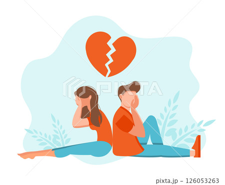 Man and a woman in a quarrel. Conflicts between husband and wife. Two characters sitting back to back, disagreement, relationship troubles. Concept of divorce, misunderstanding in family. Vector.	 126053263