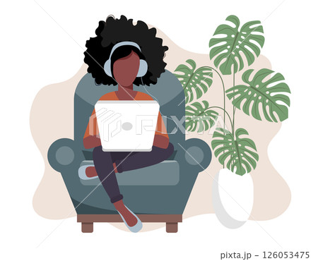 Home office concept, woman working from home, student or freelancer. Vector illustration in flat style	 126053475