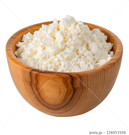 Cottage cheese in a rustic wooden bowl, natural healthy dairy product with creamy texture 126053508