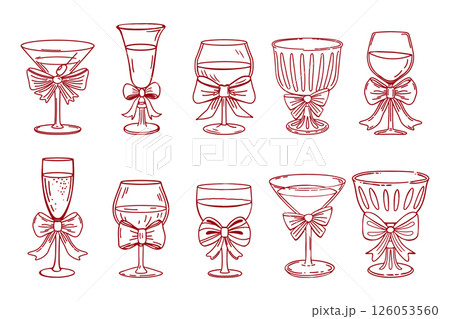 Collection of elegant cocktail and wine glasses with bows. Hand drawn sketch illustration. Collection of elegant cocktail and wine glasses with bows. Hand drawn sketch illustration. 126053560