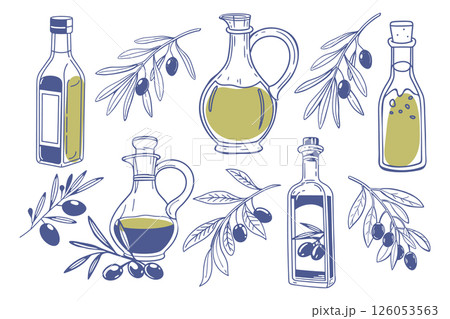 Set of olive oil bottles and olive branches. Collection of illustrations of olive oil, leaves, branches, natural products. Hand drawn sketch illustration. Set of olive oil bottles and olive branches. Collection of illustrations of olive oil, leaves, branches, natural products. Hand drawn sketch illustration. 126053563