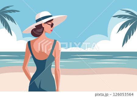 Elegant woman in dress and hat on the beach. Summer time, vacation concept. Travel illustration. 126053564