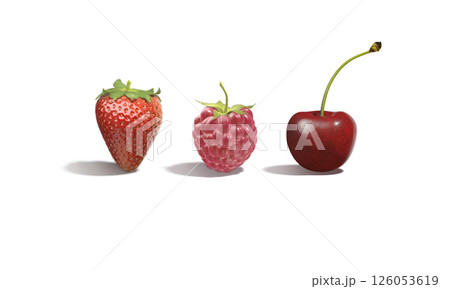 Raspberry, strawberry and cherry berries standing mockup, front view 126053619