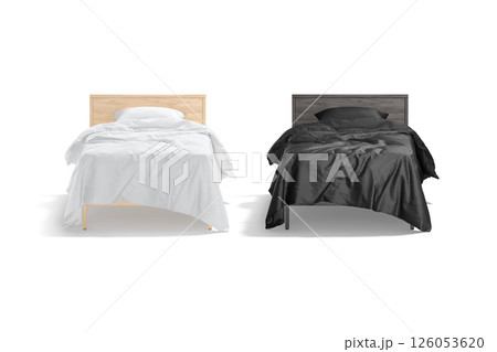 Blank single bed with black and white bedding mockup, isolated 126053620