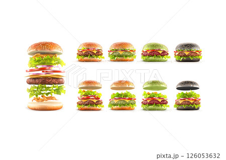 Hamburger with cheese and vegetables mockup ingredients, different views 126053632