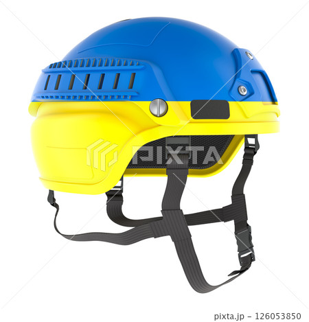 Combat helmet with Ukrainian flag. 3D rendering 126053850