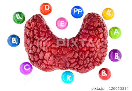 Human thyroid with different vitamins. 3D rendering Human thyroid with different vitamins. 3D rendering 126053854