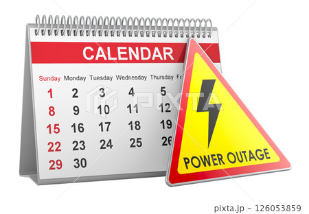 Planned power outage, scheduled power cut, concept. Desk calendar with power outage yellow triangle sign, 3D rendering 126053859