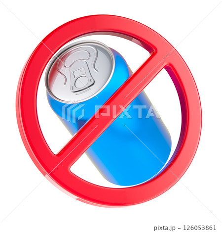 Prohibition symbol with metallic drink can. 3D rendering 126053861