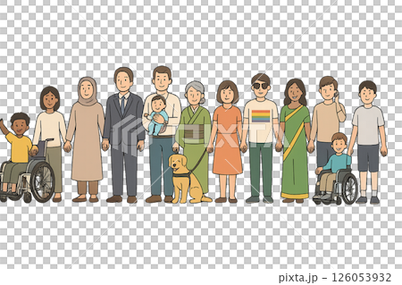 A peaceful illustration of people holding hands in a horizontal line on the theme of diversity 126053932