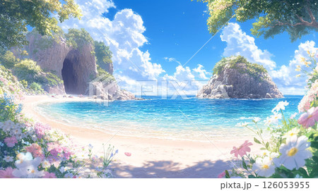 花咲く砂浜と青空に包まれた幻想的な夏の入り江 花咲く砂浜と青空に包まれた幻想的な夏の入り江 126053955
