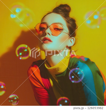 Fashion model posing with soap bubbles and sunglasses on yellow background 126053982