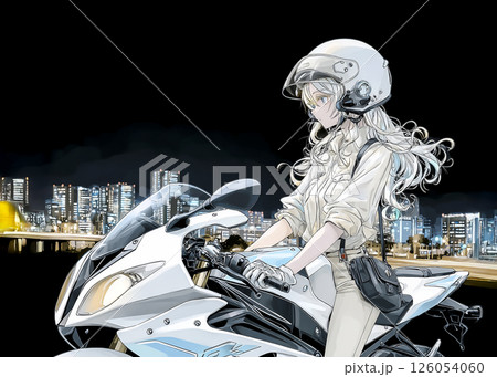 スポーツバイクでナイトツーリングをする女性ライダーのイラスト素材 126054060