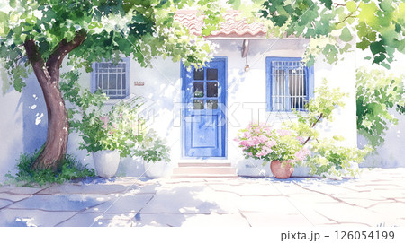 青い扉と木漏れ日の地中海風の白い家と緑の風景 126054199