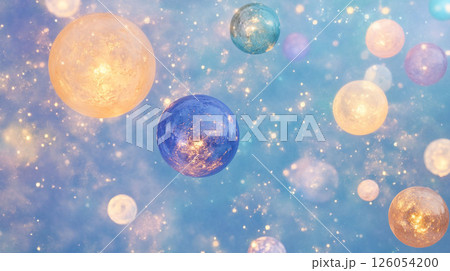 幻想的な光を放つ浮遊するカラフルな球体たちの空間アート 幻想的な光を放つ浮遊するカラフルな球体たちの空間アート 126054200