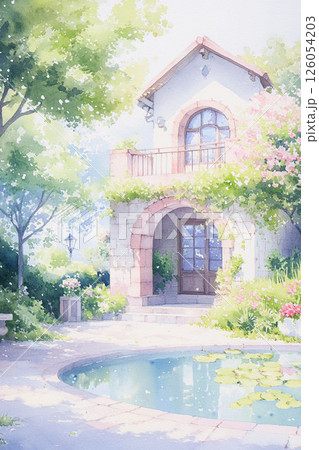 光あふれる庭と小さな洋館のある春のパステル風景 126054203