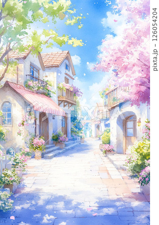 水彩で描いた桜並木の風景画 126054204