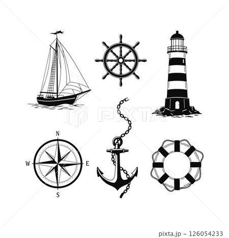 Marine Symbol Collection Black and White Nautical Elements. Sailboat, Ship Wheel, Lighthouse, Compass, Anchor, Life Saver. Marine Symbol Collection Black and White Nautical Elements. Sailboat, Ship Wheel, Lighthouse, Compass, Anchor, Life Saver. 126054233