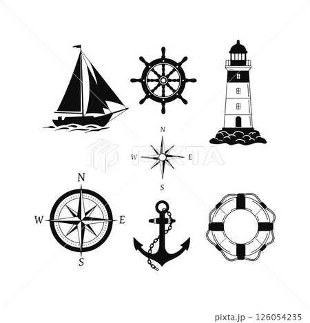 Marine Symbol Collection Black and White Nautical Elements. Sailboat, Ship Wheel, Lighthouse, Compass, Anchor, Life Saver. 126054235