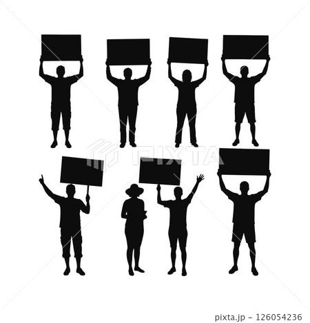 Set of Silhouettes of Activists Holding Up Signs. Set of Protestors Silhouettes Holding Blank Signs. 126054236