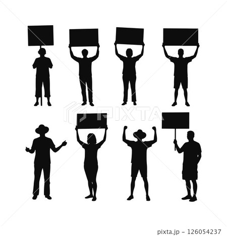 Set of Silhouettes of Activists Holding Up Signs. Set of Protestors Silhouettes Holding Blank Signs. 126054237