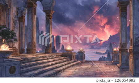 炎のような空を望む荘厳な柱廊と幻想の山岳風景 炎のような空を望む荘厳な柱廊と幻想の山岳風景 126054992