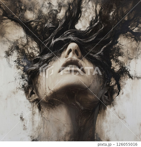 Woman feeling despair with hair covering eyes in surreal portrait 126055016
