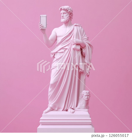 Pink statue taking selfie with smartphone, blending ancient and modern worlds 126055017