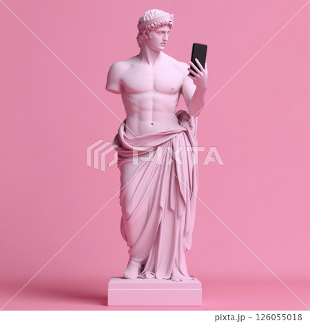 Pink greek statue using smartphone on pink background 126055018