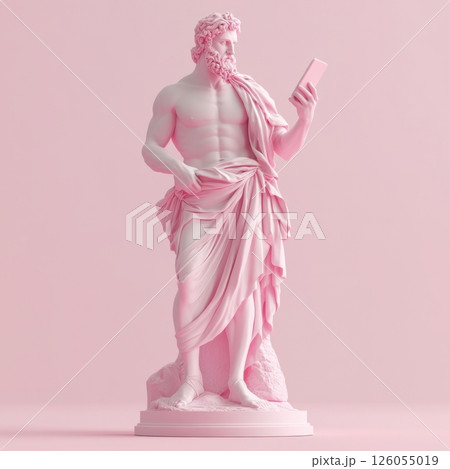 Pink zeus statue using smartphone on pink background 126055019