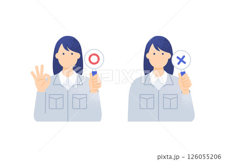 建設業で働く女性。作業着の女性現場監督が○×札を持つ。かわいいベクターイラスト素材。 126055206