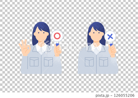 建設業で働く女性。作業着の女性現場監督が○×札を持つ。かわいいベクターイラスト素材。 126055206