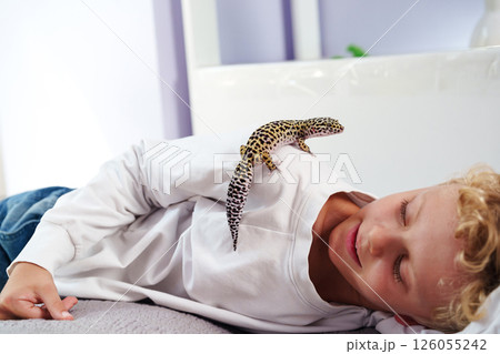 Child interacts joyfully with a pet lizard while lying on a soft surface in a cozy indoor setting Child interacts joyfully with a pet lizard while lying on a soft surface in a cozy indoor setting 126055242