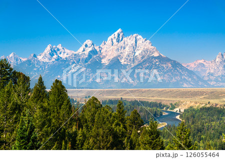 View of the Teton Mountain Range above the Snake River in Grand Teton National Park - Wyoming, United States 126055464