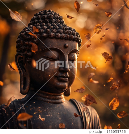 Buddha statue meditating peacefully as autumn leaves fall gently around Buddha statue meditating peacefully as autumn leaves fall gently around 126055726