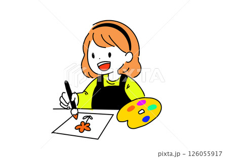 パレットを持ち花を描く女の子のイラスト パレットを持ち花を描く女の子のイラスト 126055917