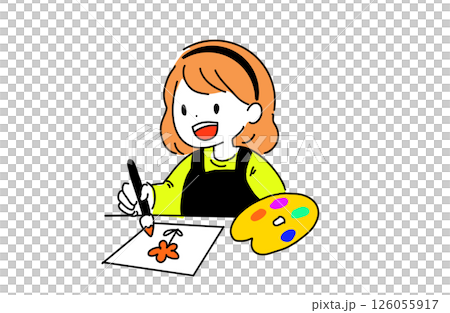 パレットを持ち花を描く女の子のイラスト パレットを持ち花を描く女の子のイラスト 126055917