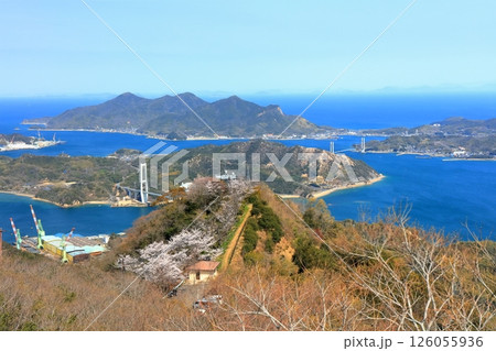 【愛媛県】桜咲く積善山から見た ゆめしま海道(岩城橋と生名橋) 【愛媛県】桜咲く積善山から見た ゆめしま海道(岩城橋と生名橋) 126055936