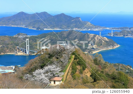 【愛媛県】桜咲く積善山から見た ゆめしま海道（岩城橋と生名橋） 126055940