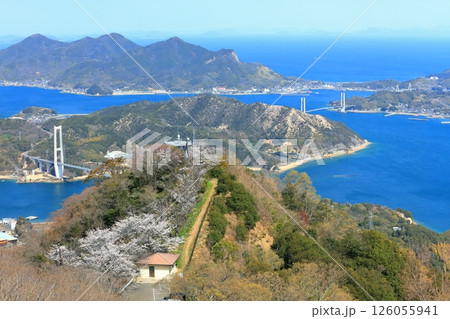 【愛媛県】桜咲く積善山から見た ゆめしま海道(岩城橋と生名橋) 【愛媛県】桜咲く積善山から見た ゆめしま海道(岩城橋と生名橋) 126055941